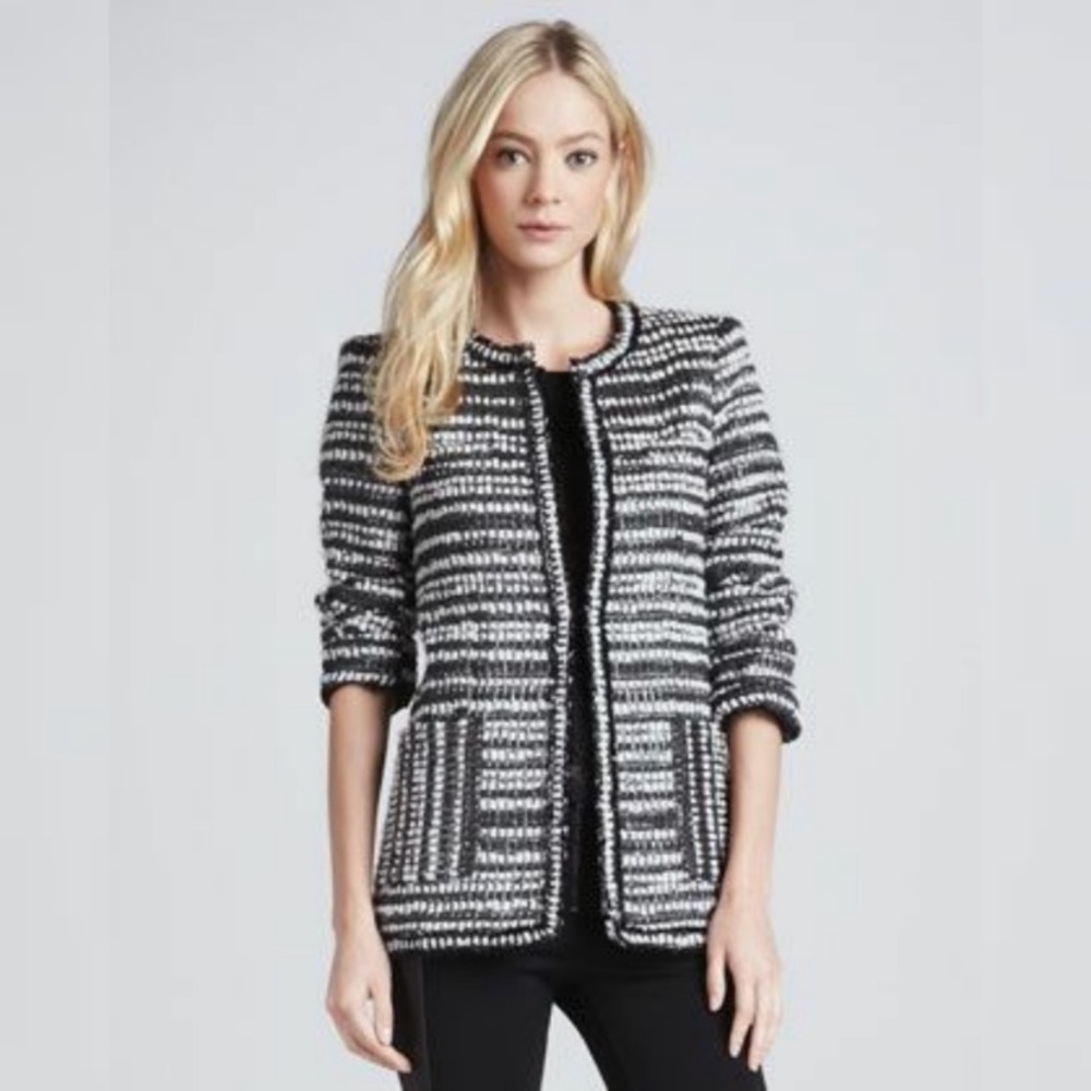 Alice + Olivia Luci Metallic Tweed Jacket Black White Silver sz M